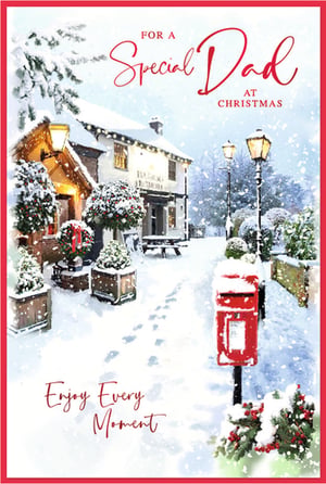 Help your customers celebrate their amazing dads this Christmas with this enchanting card from Simon Elvin. This delightful design captures the quintessential charm of a snowy village scene, featuring a warmly lit pub, traditional street lamps, and a festive red post box adorned with holly. Footprints in the fresh snow add a touch of nostalgic wonder. With the loving message 'For a Special Dad at Christmas' and 'Enjoy Every Moment', it's the perfect way to convey warmth and affection. Stock up on this popular choice, available in a convenient pack of 6, and add a touch of festive magic to your seasonal offerings.