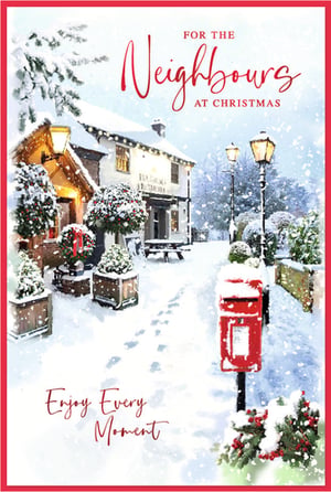 Invite your customers to spread festive cheer with this delightful 'Neighbours' Christmas card from Simon Elvin. This charming design captures the quintessential magic of a snowy British village, featuring a welcoming pub adorned with twinkling lights, traditional streetlamps, and a classic red post box nestled in fresh snow. Footprints lead the way, adding a touch of warmth to the wintry scene. The heartfelt message, 'For the Neighbours at Christmas' and 'Enjoy Every Moment', makes it the perfect way to share seasonal greetings. Supplied in a convenient pack of 6, these cards are ideal for those wanting to send warm wishes to their local community.
