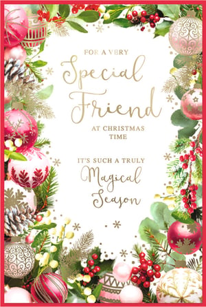 Send warm wishes to a special female friend this Christmas with our delightful 'Friend Female' card from Simon Elvin. This beautiful design features a stunning festive border, adorned with elegant pink and gold baubles, lush greenery, sparkling snowflakes, and vibrant red berries. The heartfelt message, "FOR A VERY Special Friend AT CHRISTMAS TIME, IT'S SUCH A TRULY Magical Season," is printed in a lovely gold script, making it the perfect way to show appreciation to a cherished female friend. Available in a convenient pack of 6, these high-quality cards are a wonderful addition to any festive greeting card selection.