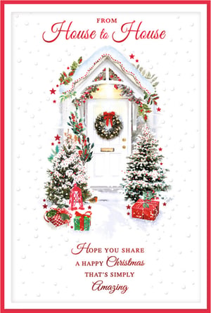Introduce the enchanting 'House to House' Christmas card to your customers this festive season. From renowned supplier Simon Elvin, this beautiful card captures the true spirit of Christmas with its charming illustration.
Featuring a welcoming snow-dusted house entrance adorned with a festive wreath, twinkling lights, and lush garlands, it evokes warmth and tradition. Two snow-covered Christmas trees flank the doorway, surrounded by beautifully wrapped gifts and a quaint red lantern, with a little robin adding a touch of nature's charm.
The heartfelt message inside reads, 'Hope you share a Happy Christmas That's Simply Amazing,' making it the perfect way to send festive greetings. Each pack contains 6 delightful cards, ready to bring joy from house to house.