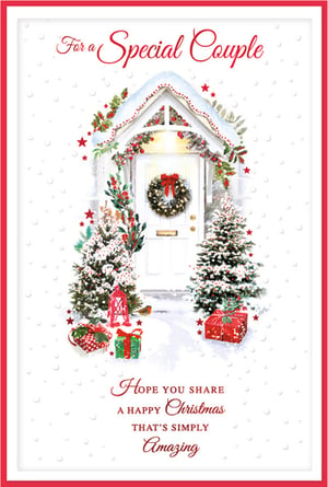 Introduce a touch of festive magic to your Christmas card selection with our 'Special Couple' design from Simon Elvin. This enchanting card features a picturesque snowy scene, showcasing a beautifully decorated doorway adorned with a welcoming wreath, twinkling lights, and lush garlands. Flanked by snow-dusted Christmas trees and festive gifts, it perfectly captures the warmth and joy of the season. The card's heartfelt message, 'For a Special Couple, Hope you share a Happy Christmas That's Simply Amazing,' makes it an ideal choice for sending warm wishes to loved ones. Available in a convenient pack size of 1x6, these cards are ready to bring cheer to your customers.