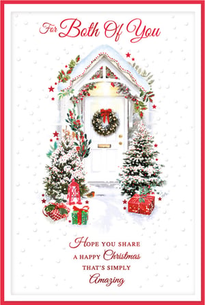 Share warm festive wishes this season with our delightful 'To Both Of You' Christmas cards from Simon Elvin. This charming design features a beautifully decorated snowy doorstep, complete with a welcoming wreath, twinkling Christmas trees, and festive gifts, evoking a truly magical winter scene. The heartfelt message, 'Hope you share a Happy Christmas that's simply Amazing,' makes it perfect for sending to couples, friends, or family. Each card captures the joy and wonder of the holidays, ensuring your customers can spread cheer with ease. Available in a convenient pack of 6, these cards are a wonderful addition to any seasonal collection.