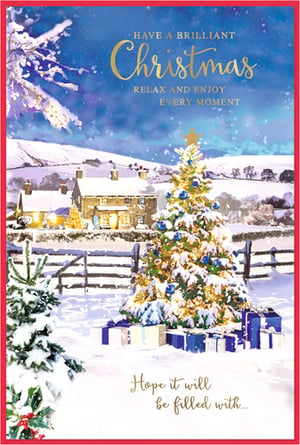 Bring the serene beauty of a winter Christmas to your customers with this delightful card from Simon Elvin. This enchanting design showcases a picturesque, snow-covered village, where cosy cottages glow warmly against a backdrop of rolling hills. A magnificent Christmas tree, sparkling with blue baubles and a golden star, stands proudly amidst a pile of festive presents, creating a truly magical scene. The elegant gold lettering conveys a heartfelt message: "Have a Brilliant Christmas, Relax and Enjoy Every Moment," with space for personal wishes. Perfect for sending warm greetings to friends and family, this card embodies the joy and tranquility of the season. Supplied in a convenient pack of 6, it's an ideal choice for your festive card selection.