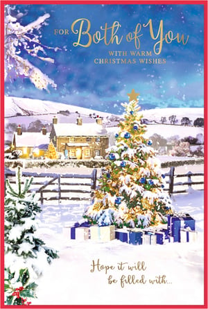 Bring festive cheer to your customers with this beautiful "To Both Of You" Christmas card from Simon Elvin. This charming design captures the magic of a traditional snowy Christmas scene, featuring quaint cottages nestled amongst rolling hills. A magnificent, snow-dusted Christmas tree takes centre stage, adorned with sparkling golden lights and blue baubles, surrounded by a pile of festive presents.
The card's elegant message, "FOR Both of You WITH WARM CHRISTMAS WISHES," is perfect for couples, friends, or family. With its cosy and inviting atmosphere, this card is sure to convey heartfelt greetings during the festive season. Available in a convenient pack of 6, it's an ideal choice for your seasonal stock.