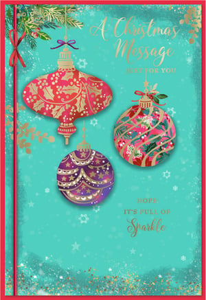 Brighten someone's Christmas with this stunning 'Open Female' card from Simon Elvin. Adorned with three beautifully detailed baubles in rich pink, purple, and green, this design pops against a vibrant teal backdrop. Golden festive foliage, delicate snowflakes, and a scattering of glitter add a touch of magic and sparkle. The warm message, "A Christmas Message Just For You, Hope It's Full of Sparkle," makes it ideal for any special woman. Each pack includes six identical cards, ensuring you're ready to share festive cheer this season.