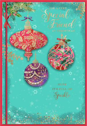 Send warm wishes this festive season with our beautiful 'Friend Female' Christmas card, brought to you by Simon Elvin. This delightful card features a stunning design on a vibrant teal background, adorned with three exquisitely detailed Christmas baubles in rich shades of pink, purple, and gold. Delicate pine branches and shimmering gold accents add a touch of elegance, while scattered snowflakes and a sprinkle of glitter create a truly magical feel.
The heartfelt message, 'For a Very Special Friend at Christmas, Hope it's Full of Sparkle,' makes this the perfect choice for showing appreciation to a cherished friend. Each pack contains 6 cards, ensuring you're well-stocked for the season. A truly lovely card that promises to bring joy and sparkle to any recipient.