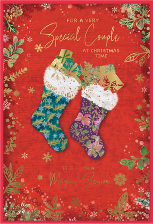Celebrate the magic of Christmas with our delightful 'Special Couple' card, perfect for conveying warm wishes to loved ones. This beautiful design features two festive stockings, richly patterned in teal and purple, brimming with golden gifts and topped with fluffy white cuffs. Set against a vibrant red background adorned with shimmering gold foliage and delicate snowflakes, the card radiates seasonal cheer. The heartfelt message 'FOR A VERY Special Couple AT CHRISTMAS TIME' and 'IT'S SUCH A Magical Season' makes it an ideal choice for any special pair. Supplied by Simon Elvin, these charming cards are available in convenient packs of 6, ready to enhance your Christmas card selection.