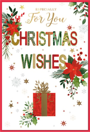 Add a touch of festive cheer to your retail offering with these charming 'Especially For You Christmas Wishes' cards from Simon Elvin. Adorned with classic Christmas imagery, including vibrant poinsettias, holly, and berries, alongside delicate snowflakes and stars, these cards exude seasonal warmth. The elegant gold script and eye-catching patterned lettering for 'CHRISTMAS WISHES' create a truly special feel. Featuring a delightful gift box illustration, these 'Open Female' cards are wonderfully versatile for sending heartfelt greetings to any special woman. Supplied in a convenient pack of 6, they are a must-have for your Christmas card collection.