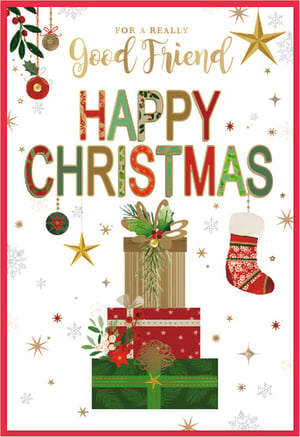 Send warm festive wishes to a special male friend this Christmas with this charming card from Simon Elvin. Featuring the heartfelt message 'For a Really Good Friend', the design is a delightful blend of traditional cheer. Bold 'HAPPY CHRISTMAS' lettering, adorned with festive patterns in red, green, and gold, stands out beautifully.
The card is richly illustrated with classic Christmas elements, including vibrant holly and berries, sparkling baubles, a cosy stocking, and a stack of beautifully wrapped gifts. A crisp white background, scattered with delicate snowflakes and stars, completes this joyful scene, all framed by a striking red border. This card is an ideal choice for your customers looking to celebrate their male friends. Available in a handy pack of 6.