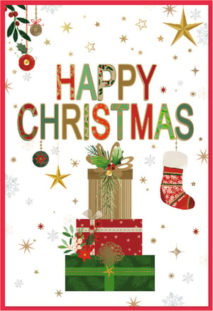 Bring festive joy to your customers with this charming 'Happy Christmas' card from Simon Elvin. Designed as an 'Open Male' card, its vibrant illustration features bold, patterned lettering alongside a delightful stack of beautifully wrapped gifts in rich reds, greens, and gold. Traditional Christmas elements like hanging holly, sparkling baubles, and a cosy stocking complete the heartwarming scene, all set against a backdrop of shimmering stars and delicate snowflakes. Each card is crafted to convey warm holiday wishes with a touch of classic elegance. Supplied in a convenient pack of 6, these cards are a perfect addition to your seasonal offering.