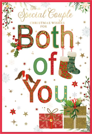 Delight your customers with this charming 'Special Couple' Christmas card, perfect for celebrating loved ones during the festive season. From trusted supplier Simon Elvin, this beautifully designed card features a heartwarming message 'To a Special Couple, Christmas Wishes For Both Of You'. The vibrant, patterned lettering in traditional reds, greens, and golds is complemented by delightful illustrations of festive robins, cosy stockings, and beautifully wrapped gifts. Adorned with classic holly, berries, and sparkling snowflakes, this card captures the true spirit of Christmas. Stock up with our convenient 1x6 pack size, ensuring you have plenty of these popular cards for your holiday sales. A truly lovely card that will bring joy to any special couple.