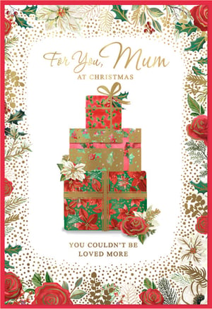 Help your customers celebrate Mum this Christmas with this delightful card from Simon Elvin. Adorned with a charming stack of festive presents, beautifully wrapped and embellished with classic poinsettias, holly, and elegant gold accents, it's a truly eye-catching design.

The warm message, 'For You, Mum AT CHRISTMAS, YOU COULDN'T BE LOVED MORE', conveys deep affection, making it the perfect choice for expressing love to a special Mum. This lovely card is sure to bring a smile to her face. Supplied in a convenient pack of 6, it's an ideal addition to your seasonal greeting card range. Order now to ensure your shelves are stocked with this thoughtful option.