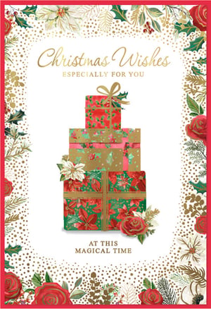 Invite your customers to share the joy of the season with this beautiful 'Open Female' Christmas card from Simon Elvin. This elegant design showcases a delightful stack of festive gifts, intricately wrapped in patterns of holly, poinsettias, and shimmering gold. The card is framed by a luxurious border of traditional Christmas foliage, including vibrant red roses, delicate white poinsettias, and classic green holly, all enhanced with sparkling gold accents.

With its warm message, "Christmas Wishes ESPECIALLY FOR YOU AT THIS MAGICAL TIME," this card is ideal for sending to any special woman. Supplied in a convenient pack of 6, it's a must-have addition to your festive card selection.