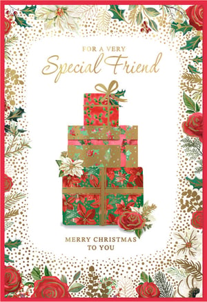 Send warm festive wishes to a special friend this Christmas with this beautiful card. Featuring a delightful stack of presents surrounded by elegant red roses, white poinsettias, and golden accents, it's perfect for spreading holiday cheer. The heartfelt message 'For a Very Special Friend' makes it ideal for those cherished connections. Each card is finished with a touch of festive sparkle, making it truly stand out. Available in packs of 6, these charming cards are ready for your customers to share the joy of the season.