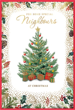 Help your customers share festive greetings with our 'Neighbours' Christmas card, supplied by Simon Elvin. This charming card features a beautifully decorated Christmas tree, complete with baubles, stars, and gifts at its base. A delightful border of traditional holly, berries, and pine cones, enhanced with golden accents, frames the heartfelt message: 'FOR SOME SPECIAL Neighbours AT CHRISTMAS'. It's a wonderful way to show appreciation to those living nearby during the festive season. Available in a practical pack size of 1x6, this card is a lovely choice for any retail display, offering a thoughtful option for customers to connect with their community.