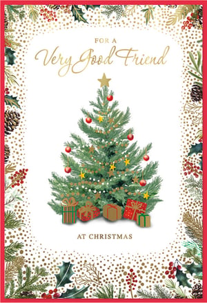 Presenting the 'Friend Male' Christmas card from Simon Elvin, a truly charming choice for the festive season. This beautifully designed card features a classic, verdant Christmas tree, elegantly adorned with twinkling lights, festive red baubles, and a golden star. A delightful array of wrapped gifts rests at its base, capturing the spirit of Christmas giving. The card's border is richly detailed with traditional holly, pine cones, and berries, all accented with shimmering gold speckles for a touch of seasonal sparkle. With the heartfelt message 'FOR A Very Good Friend AT CHRISTMAS', it's an ideal way for customers to show appreciation to their cherished friends. Supplied in a convenient pack of 6, these cards are a wonderful addition to your wholesale Christmas collection, ready to spread warmth and joy this holiday.