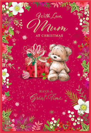 Send heartfelt festive wishes to Mum this Christmas with this truly delightful card from Simon Elvin. Featuring an adorable teddy bear presenting a beautifully wrapped gift, it's sure to bring a warm smile. The vibrant red background is framed by a charming border of traditional Christmas foliage, white hellebores, and berries, creating a wonderfully festive scene. Shimmering gold text reads 'With Love, Mum AT CHRISTMAS' and 'HAVE A Great Time', adding a touch of elegance. This heartwarming design is perfect for retailers seeking a high-quality, special card for Mums. Supplied in a convenient pack of 6.