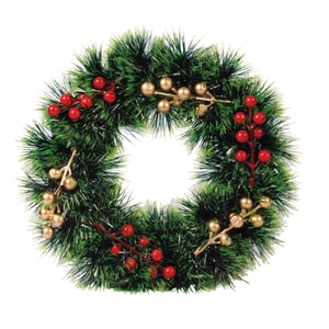 Bring a touch of classic Christmas charm to your customers with our 28cm Berries And Bows Tinsel Wreath. This festive decoration features lush green tinsel, beautifully embellished with vibrant red berries and elegant gold berry clusters, perfect for adding holiday cheer to any home or business. Its compact 28cm size makes it versatile for doors, windows, or interior displays.

Available in 3 assorted designs, these wreaths provide excellent variety for your customers. Each wholesale pack includes 3 wreaths, ensuring you're well-stocked for the festive season. A delightful addition to any seasonal collection, from Tallon.