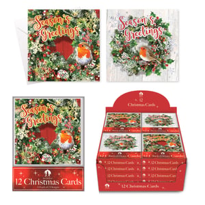 Introduce the charming '12 Painted Robin And Wreath' Christmas cards from Tallon, perfect for spreading festive cheer this season. Each pack contains 12 delightful cards, featuring two heartwarming designs. Both designs showcase a beautifully painted robin perched amongst a lush, snow-dusted wreath, adorned with berries and snowflakes, and wishing 'Season's Greetings'. One design features a rustic red wooden background, while the other offers a serene white wooden backdrop, ensuring variety and appeal. With 6 of each design in every pack, your customers will love these classic and elegant cards. This wholesale carton includes 24 individual packs, providing excellent value and a charming selection for your retail display.