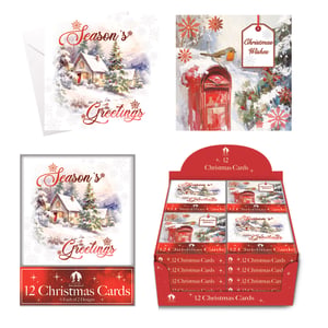 Offer your customers a touch of classic Christmas charm with these beautiful 12 Traditional Cottage And Village Scene cards from Tallon. Each retail pack contains 12 high-quality cards, showcasing two enchanting designs. One features a peaceful snowy cottage, adorned with "Season's Greetings," while the other captures a delightful village scene with a friendly robin by a festive red post box, conveying "Christmas Wishes." With 6 of each lovely design per pack, these cards are perfect for spreading holiday joy. This wholesale pack includes 24 individual retail packs, providing ample stock for the busy festive period.