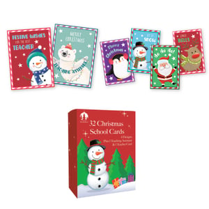 Spread festive cheer in schools this Christmas with Tallon's delightful 32 Christmas School Cards. Each charming box contains 32 cards, perfect for children to share with friends and educators. Featuring a wonderful array of designs, including cheerful snowmen, a friendly polar bear, cute penguins, Santa, and a festive reindeer, there are also dedicated cards for the 'Best Teacher' and 'Teaching Assistant'. These cards are ideal for fostering a sense of community and appreciation during the holiday season. Available in a convenient wholesale pack of 12 boxes, ensuring your shelves are stocked for the busiest time of year. Make Christmas extra special for every school child!