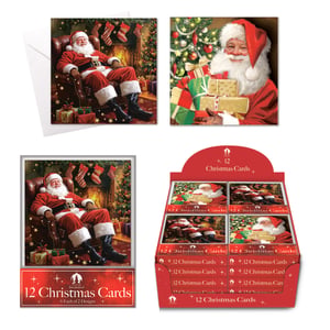Spread festive cheer this season with our charming 12 Traditional Santa Christmas Cards from Tallon. Each pack contains 12 beautifully designed cards, offering 6 of each of two heartwarming scenes. Your customers will adore the classic imagery: Santa relaxing by a crackling fireplace, surrounded by stockings and gifts, and a second design featuring a jolly Santa presenting a stack of presents in front of a twinkling Christmas tree. These delightful cards are perfect for sending warm wishes to loved ones. Available in a convenient 1x24 wholesale pack, they're ideal for stocking up your retail display and ensuring a magical Christmas for everyone.