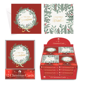 Tallon presents these beautiful 12 Wreath & Foliage Christmas Cards, perfect for spreading festive cheer. Each retail box contains 12 high-quality cards featuring two charming designs: a classic 'Tis the Season wreath on a rich red background, and elegant 'Christmas Wishes' foliage. With 6 of each design, customers will love sending these traditional greetings. Supplied in a convenient display carton of 24 individual boxes, these cards are an ideal addition to your seasonal stock. Ready to captivate shoppers with their timeless appeal, they offer a wonderful way to celebrate the holidays.