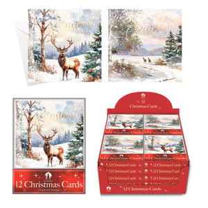 Bring the magic of a winter wonderland to your customers this festive season with Tallon's 12 Traditional Deer Scene Christmas Cards. This wholesale carton contains 24 individual packs, each featuring 12 exquisite cards.
Your customers will adore the two charming designs: a magnificent stag standing proudly in a snowy forest, and a serene scene of two deer gracefully traversing a glistening landscape. Both designs are beautifully enhanced with elegant gold 'Christmas Wishes' script. Each pack includes 6 of each design, offering a lovely variety. Perfect for retailers looking to stock classic, heartwarming Christmas greetings that capture the spirit of the season. Order your Tallon Christmas cards today!