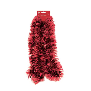 a close up of a red tinsel on a white background