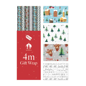 Elevate your festive offerings with Tallon's 4M Contemporary Xmas Roll Wrap. This wholesale pack includes 36 rolls, ensuring you're well-stocked for the holiday rush. Each 4-meter roll is crafted from recycled paper, providing an eco-conscious choice for your customers. The collection features a delightful array of modern Christmas designs, perfect for every gift. Discover charming snowy village scenes, classic scattered trees, and adorable Highland cows in Santa hats. Plus, there are stylish text patterns with festive phrases like "HO HO HO" and a lovely reindeer and tree design. Offer your customers beautiful and sustainable gift-wrapping options this Christmas.