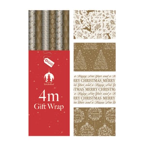Elevate your festive offerings with our stunning 4M Gold And Cream Contemporary Roll Wrap. This exquisite collection, presented under the 'Festive Wonderland' theme, features four distinct designs, perfect for adding a touch of elegance to any gift. Discover charming reindeer and foliage, intricate Christmas trees crafted from festive greetings, stylish repeating text patterns, and delightful bauble motifs.
Each roll provides 4 metres of beautiful, high-quality gift wrap. Plus, it's made from recycled paper, offering an eco-conscious choice for your customers. These versatile gold and cream designs are ideal for Christmas and New Year, ensuring every present looks perfectly polished. Available in a convenient 1x36 pack, it's perfect for stocking up your seasonal selection.