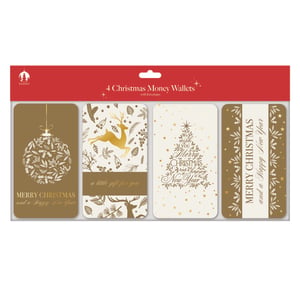 Introduce a touch of festive elegance to your customers' gifting this season with our 4 Gold Money Wallets from Tallon. This delightful pack features four unique Christmas designs, each beautifully adorned with shimmering gold accents and intricate botanical illustrations. From a majestic leaping reindeer to a charming Christmas tree and classic bauble, these wallets offer a stylish way to present money or gift cards. Each wallet comes complete with an envelope, ensuring a polished finish for every thoughtful present. Perfect for those looking for a sophisticated alternative to traditional cards, these wallets are sure to be a popular choice. Available in a convenient pack size of 1x12 for your retail needs.