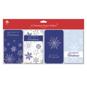 Add a touch of winter wonder to your Christmas gifting with these delightful 4 Blue Snowflake Money Wallets from Tallon. Each pack features four unique and elegant designs, showcasing beautiful blue and silver snowflakes on festive blue and white backgrounds. Perfect for presenting monetary gifts, gift cards, or vouchers, these wallets come complete with their own envelopes for a polished finish. With charming messages like 'Treat Yourself This Christmas' and 'A Little Treat For Christmas', they're ideal for spreading festive cheer. Stock up on these popular seasonal essentials; available in a convenient 1x12 wholesale pack.