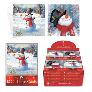 Spread festive cheer with our charming Tallon 12 Snowman Scene Christmas Cards! This wholesale pack contains 24 individual packs, each featuring 12 delightful cards. Your customers will adore the two unique snowman designs: one showcases a classic snowman with a top hat and a friendly robin in a picturesque snowy village, while the other is a close-up of a cheerful snowman surrounded by sparkling snowflakes. With 6 of each design per pack, these cards offer wonderful variety. Perfect for sending warm wishes, these beautiful cards are a must-have for any festive display. Stock up now and help your customers make this Christmas extra special!