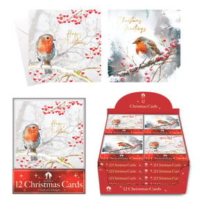 Bring festive cheer to your customers with our delightful 12 Robin And Holly Christmas cards from Tallon. This charming collection features two exquisite designs, each showcasing a beloved robin amidst snowy branches and vibrant red berries – a truly classic Christmas scene. Each retail pack contains 12 high-quality cards, with 6 of each beautiful design, ensuring variety for your shoppers. Perfect for sending warm wishes, these cards are sure to be a popular choice this holiday season. Available in a convenient wholesale pack size of 1x24, they're ready to brighten your shelves and boost your seasonal sales.