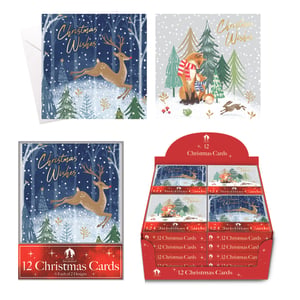 Brighten your Christmas card selection with Tallon's enchanting 12 Woodland Fox, Rabbit And Deer Christmas Cards. This delightful wholesale pack features two charming designs: a graceful deer leaping through a snowy blue forest, and a heartwarming scene of a fox in a red scarf with a rabbit among winter trees. Each card beautifully conveys "Christmas Wishes" in elegant gold script.

Perfect for retailers, every consumer pack contains 12 high-quality cards (6 of each design). You'll receive a convenient pack size of 1x24, supplied in an eye-catching display unit ready for your shop floor. These festive cards offer exceptional appeal, promising to be a popular choice for customers seeking traditional and lovely holiday greetings.