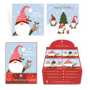 Introduce a dash of festive whimsy to your Christmas card selection with these charming Tallon 12 Gonk Characters Christmas Cards! Designed to bring smiles, each retail-ready box contains 12 delightful cards, showcasing two unique gnome-themed designs.

Your customers will adore the first design, featuring a friendly gonk holding a present against a snowy blue backdrop. The second design captures a trio of cheerful gnomes celebrating around a festive Christmas tree. Both designs feature a classic "Merry Christmas" message, making them perfect for spreading holiday cheer.

These lovely cards come complete with envelopes, ready for sending warmest seasonal greetings. Stock up effortlessly with our convenient wholesale pack of 24 boxes, ensuring your shelves are well-stocked with these popular festive favourites from Tallon.