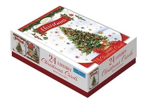 Introduce a touch of festive elegance to your store with our Luxury Portrait Boxed Assorted Traditional Christmas Cards from Xpress Yourself. This exquisite collection offers 24 premium Christmas cards, complete with envelopes, all beautifully presented in a sturdy, decorative box.

Each box showcases a delightful assortment of traditional designs, featuring classic Christmas trees and charming festive scenes, perfect for customers seeking timeless holiday greetings. The elegant packaging, adorned with a "Happy Christmas" message, makes this a truly appealing retail item.

Supplied in a convenient wholesale pack size of 1x6 boxes, these high-quality cards are an essential addition to your seasonal stationery range, ready to help your customers spread joy this Christmas.