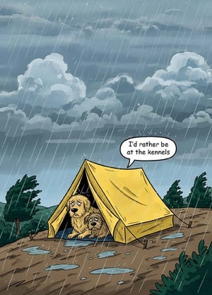 Introduce a touch of relatable humour to your card selection with "The Great Outdoors" from Country Cards. This delightful greeting card perfectly captures the less-than-glamorous side of nature, featuring two adorable, yet thoroughly miserable, dogs sheltering from a downpour in a tent. Their expressions, especially the thought bubble wishing for the kennels, are sure to bring a chuckle to anyone who's ever braved the elements! Ideal for dog lovers, camping enthusiasts, or those who simply appreciate a good laugh. Each wholesale pack contains six high-quality cards, ready to charm your customers. A truly memorable design that stands out on any shelf.