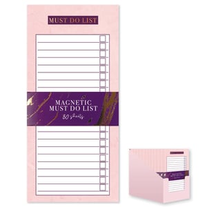 Help your customers stay effortlessly organised with our stylish Magnetic Must Do List Pad from Design Group. This chic and practical notepad is a must-have for any busy household, perfect for keeping track of tasks, groceries, or daily reminders.
Featuring a beautiful pink marble-effect design with elegant purple and gold accents, it adds a touch of sophistication to any kitchen or office space. Each pad boasts 80 lined sheets with checkboxes, providing ample room for all those important tasks. The strong magnetic backing ensures it stays securely on fridges or other magnetic surfaces, always within easy reach.
Supplied in a convenient pack of 12, complete with an attractive display box, these Magnetic Must Do List Pads are ready to brighten up your shelves and become a popular choice for your customers.