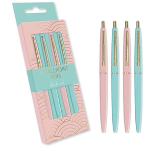 Add a touch of elegance to any stationery collection with our delightful 4 Pack Pink/Blue Ballpoint Pens. These charming pens come in a lovely mix of soft pink and refreshing blue, each featuring stylish gold-tone accents for a truly sophisticated look. Perfect for everyday notes, journaling, or adding a pop of colour to a desk, these ballpoint pens write smoothly with black ink. Presented in an attractive coordinating box with a chic gold art deco pattern, they make a wonderful gift or a treat for oneself. Stock up your shelves with this popular choice from Design Group, available in a convenient pack size of 1x12. Your customers will adore them!