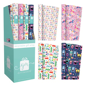 Brighten up any celebration with our fantastic 3M Kids Roll Wrap from Design Group! This wholesale pack includes 36 rolls, perfect for stocking your shelves. Each roll features 3 metres of vibrant, recyclable gift wrap, ensuring smiles all around.
Your customers will adore the four playful designs: a colourful 'Happy Birthday' print, enchanting unicorns and rainbows, adventurous cars and trucks, and super-cute monsters with cupcakes. This versatile collection is ideal for children's birthdays and special occasions, offering a delightful option for every young recipient. Plus, it comes in a handy display box for easy merchandising. Make gift-giving extra special and eco-friendly!