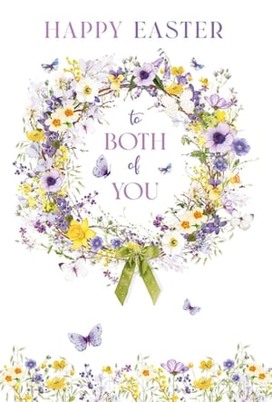 Delight your customers this Easter with our charming 'To Both Of You' card, from the esteemed Nigel Quiney Publications. This exquisite design features a stunning watercolour floral wreath, bursting with cheerful spring colours – delicate purples, sunny yellows, and crisp whites.
Adorned with graceful butterflies and a sweet green bow, it perfectly captures the joy and beauty of the season. The heartfelt message 'Happy Easter to Both Of You' makes it ideal for couples, friends, or family. Stock up with our convenient 1x6 pack size and offer your shoppers a truly beautiful way to send their Easter wishes.