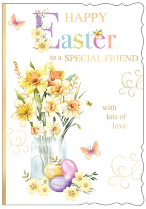 Celebrate Easter with a touch of spring charm! This delightful Easter card, designed especially for a special female friend, features a beautiful watercolour illustration. A vibrant bouquet of daffodils takes centre stage in a clear vase, surrounded by pastel Easter eggs in pink, yellow, and purple.
Adorned with delicate butterflies and a busy bee, the card radiates warmth and friendship. The 'Happy Easter to a Special Friend' message, complemented by 'with lots of love', makes it the perfect way to send heartfelt wishes. Supplied by Out of The Blue Studios Ltd, these lovely cards come in a convenient pack of 6, ready to brighten someone's day.