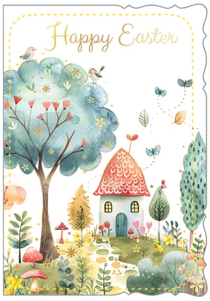 Welcome spring with our enchanting 'Open Easter' card, brought to you by Out of The Blue Studios Ltd. This delightful watercolour design captures the magic of the season with its whimsical charm. Featuring a quaint cottage nestled amongst vibrant spring foliage, cheerful birds, and fluttering butterflies, it's a truly heartwarming scene. Golden accents and a 'Happy Easter' message add a touch of sparkle. Perfect for sending warm wishes, these cards come in a convenient pack of 6, ready to brighten anyone's Easter.
