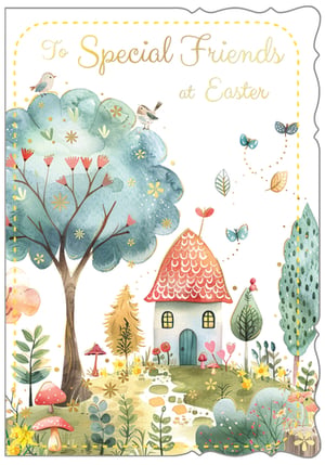 Celebrate Easter with our enchanting 'Friends' card, a delightful way to send warm wishes. From Out of The Blue Studios Ltd., this beautiful watercolour design captures the magic of spring.
Featuring a charming little house nestled amongst whimsical trees, cheerful birds, and fluttering butterflies, it evokes a sense of gentle joy and renewal. The soft pastel palette and intricate details make this card truly special. Perfect for sharing heartfelt greetings with those cherished friends, it's an ideal addition to any Easter card collection. Each pack contains 6 of these lovely cards, ready to bring smiles to your customers this festive season.