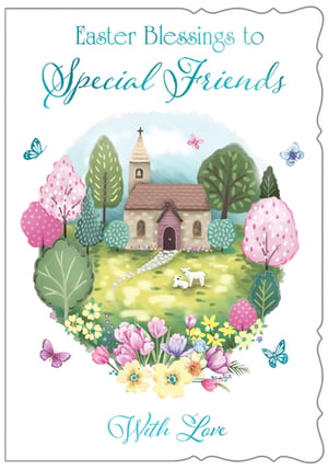 Celebrate Easter with our beautiful 'Friends' card, perfect for those special people in your life. This charming design from Out of The Blue Studios Ltd. features a serene church nestled amidst a vibrant spring landscape, complete with blossoming trees, playful lambs, and delicate butterflies. A delightful array of colourful spring flowers frames the scene, adding a touch of joy. The heartfelt message, 'Easter Blessings to Special Friends,' conveys warmth and affection, finished with 'With Love'. Each pack contains 6 of these lovely cards, making them ideal for retailers looking to offer a truly special greeting this Easter season. Share the love and blessings with this exquisite card.