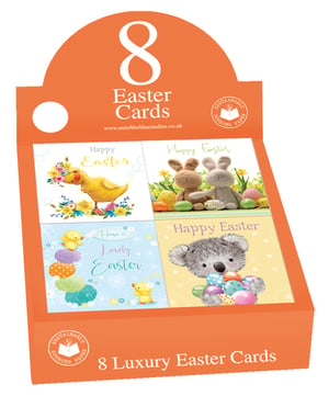 Brighten up your seasonal offering with these adorable Easter cards from Out of The Blue Studios Ltd.! Each cello pack contains 8 delightful cards, perfect for spreading joy this spring. Your customers will love the charming assortment of four juvenile designs, featuring cute ducklings, cuddly bunnies, sweet chicks, and an endearing koala, all surrounded by festive Easter eggs and flowers.
Crafted with care and printed on sustainably sourced paper, these luxury cards offer both quality and appeal. Stock up with our convenient pack size of 1x24, ensuring your shelves are ready for the Easter rush. These cards are sure to be a popular choice for families and friends celebrating the season.