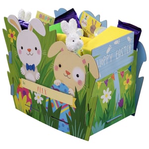 Make Easter extra special with our delightful Large Easter Bunny Gift Box! This charming box features two adorable bunnies peeking from a vibrant grassy scene, complete with colourful Easter eggs and a cheerful "HOPPY EASTER" sign. Perfect for filling with chocolates, sweets, or small gifts, it's an instant festive treat. The sturdy design and eye-catching graphics make it a fantastic presentation for any Easter surprise. It even has a 'To:' tag ready for a personal touch, making it ideal for creating personalised gifts. Bring joy to your customers this spring with this wonderfully whimsical gift box.