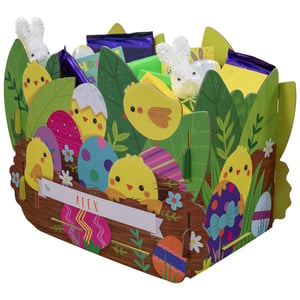 Introduce a burst of Easter joy to your shelves with the Large Easter Chick Gift Box from Partisan Products Ltd. This wonderfully vibrant and spacious box is adorned with an enchanting scene of cheerful yellow chicks, beautifully decorated eggs, and sparkling glitter bunnies peeking through lush green foliage. Designed to hold a generous selection of treats, it features a convenient 'To:' tag, perfect for adding a personal touch to any Easter gift. Its delightful design makes it an irresistible choice for customers looking for a charming way to present their seasonal goodies. Available in a wholesale pack of 4, these eye-catching gift boxes are sure to be a popular pick this spring.